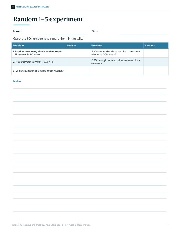 Preview of Random 1-5 Experiment Worksheet