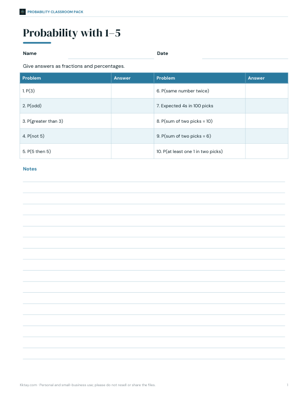 Preview of Printable Probability Practice Set for 1 to 5